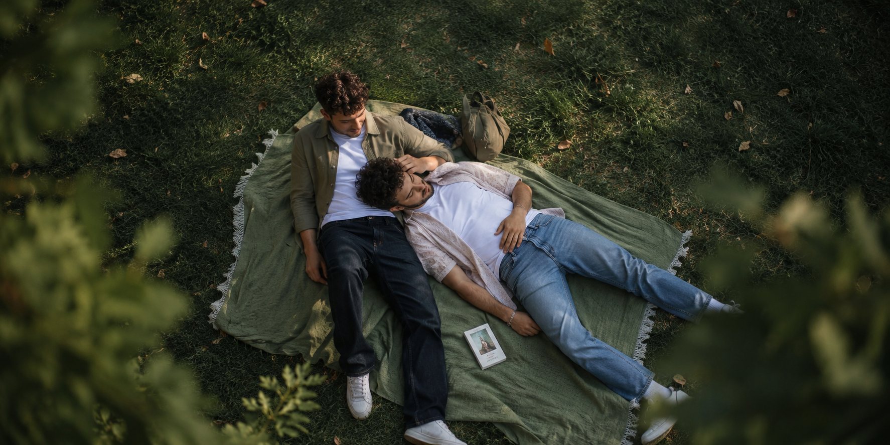 Deux hommes allongés sur une couverture dans l'herbe, vus de dessus